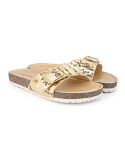 A pair of Gold Hand Embroided Open Toe Flats A pair of Gold Hand Embroided Open Toe Flats