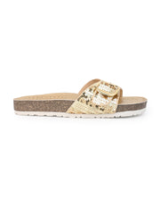 A pair of Gold Hand Embroided Open Toe Flats A pair of Gold Hand Embroided Open Toe Flats