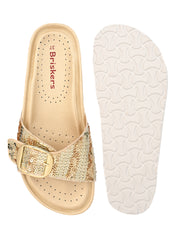 A pair of Gold Hand Embroided Open Toe Flats A pair of Gold Hand Embroided Open Toe Flats