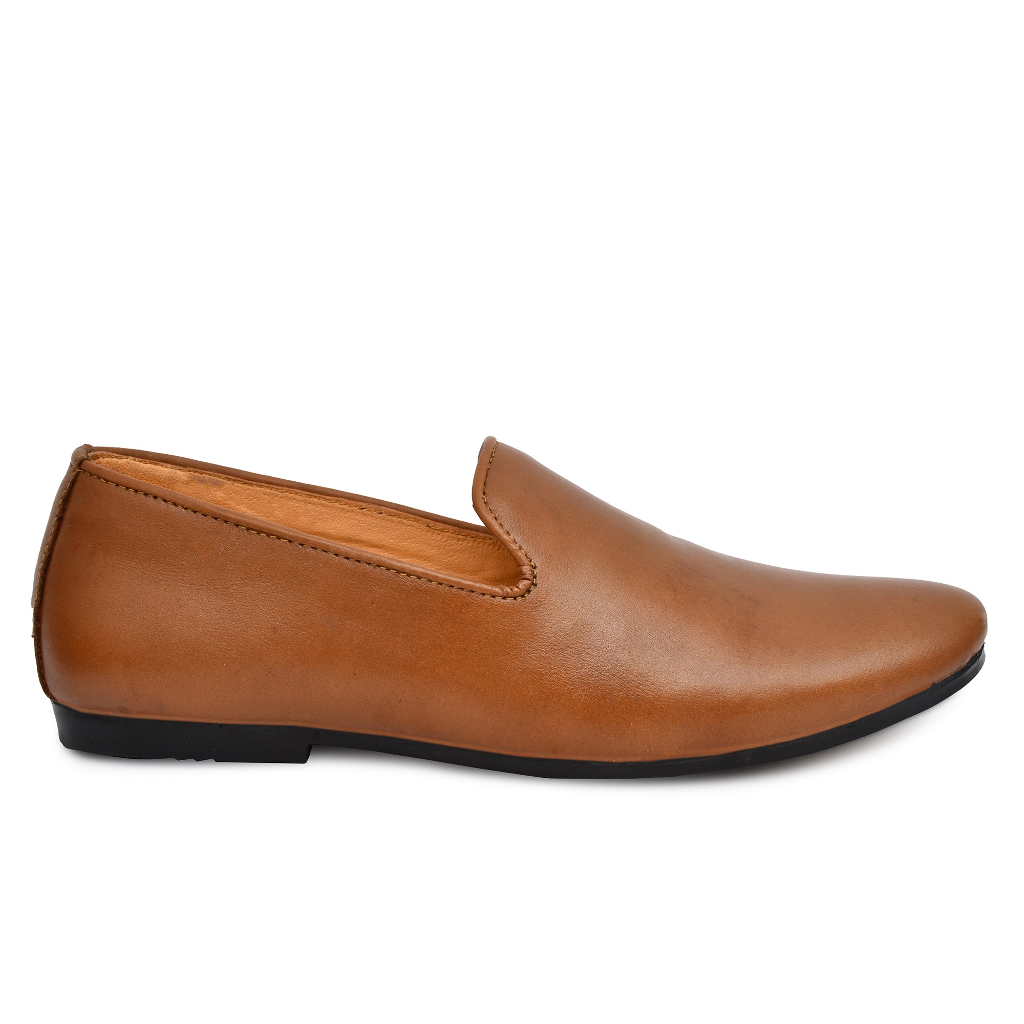Side profile of tan leather slip-on shoes for men. Side profile of tan leather slip-on shoes for men.