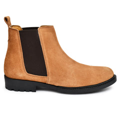 Side view of Cheeku Tan Suede Leather Boots highlighting craftsmanship. Side view of Cheeku Tan Suede Leather Boots highlighting craftsmanship.