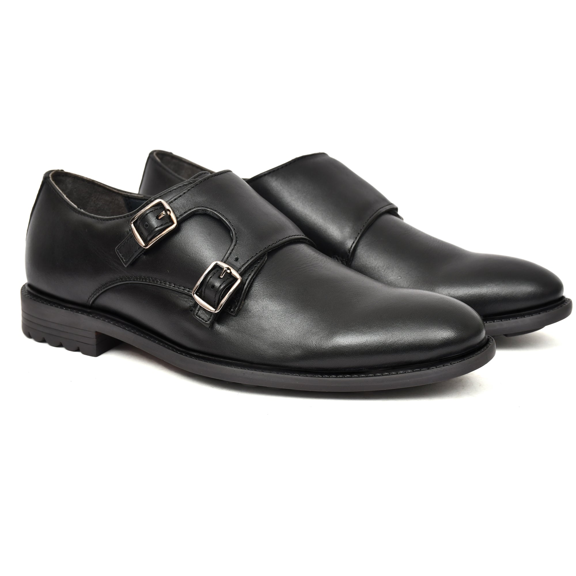 Close-up view of Country Maddox's Black Double Strap Monk Shoes showcasing metal buckles. Close-up view of Country Maddox's Black Double Strap Monk Shoes showcasing metal buckles.