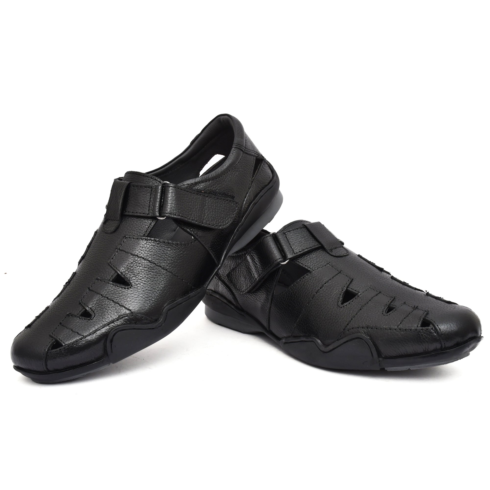 Black leather sandals featuring a modern style and cushioned fit Black leather sandals featuring a modern style and cushioned fit