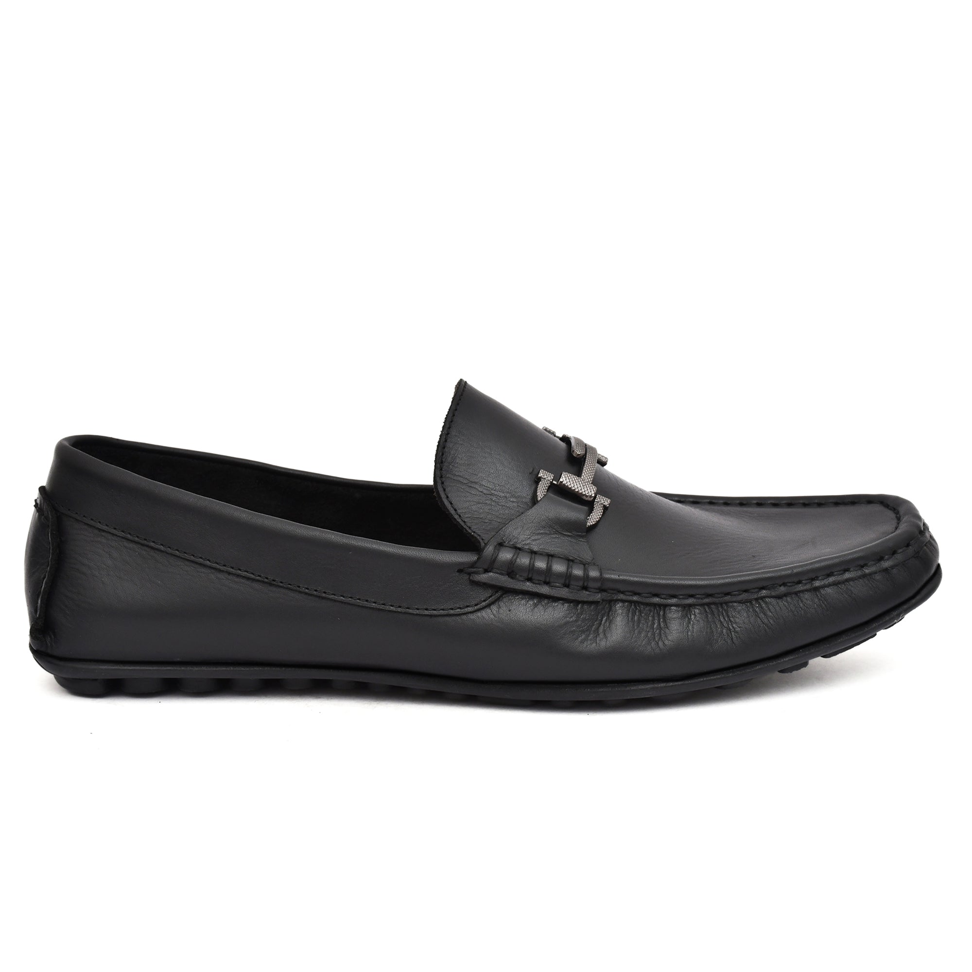 Side view of Country Maddox Black Leather Loafers highlighting sleek design. Side view of Country Maddox Black Leather Loafers highlighting sleek design.