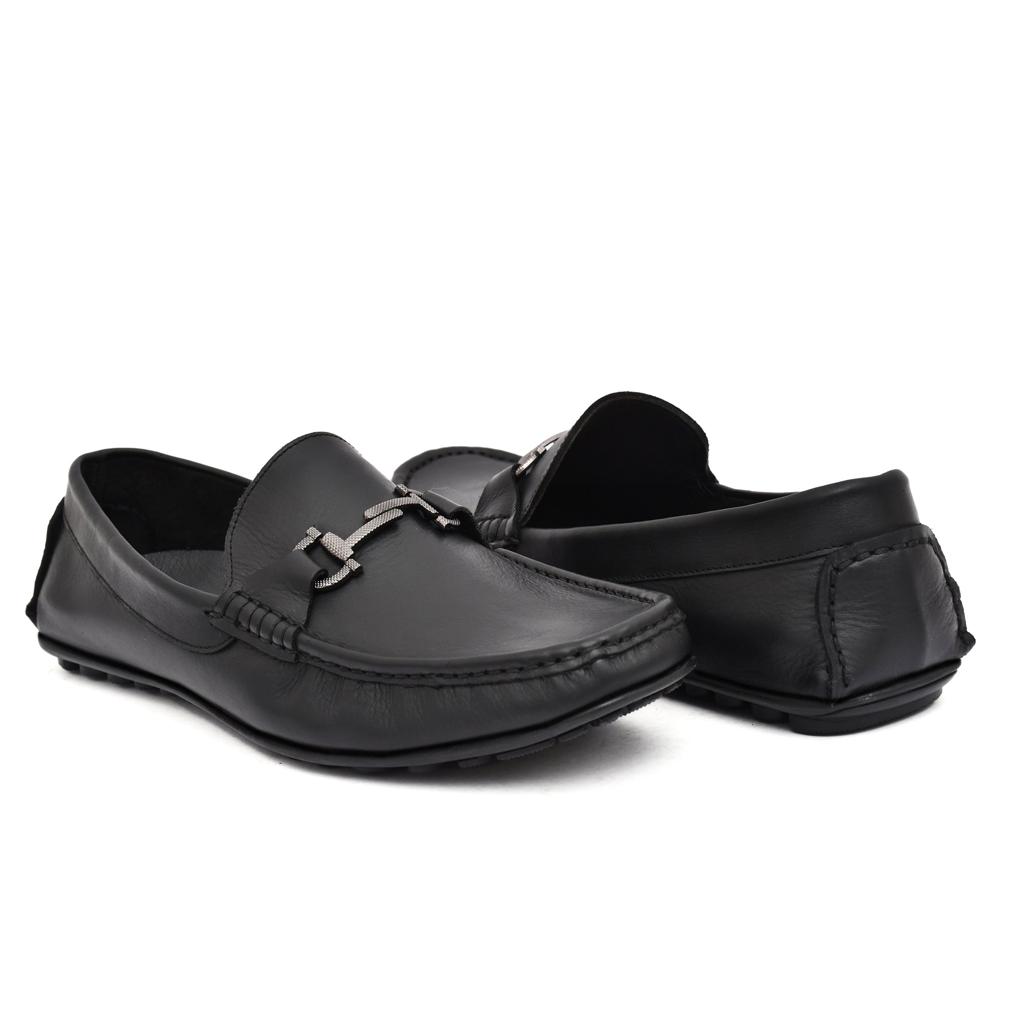 Country Maddox Gun Metal Buckled Black Leather Loafers displayed on a white background. Country Maddox Gun Metal Buckled Black Leather Loafers displayed on a white background.