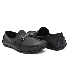 Country Maddox Gun Metal Buckled Black Leather Loafers displayed on a white background. Country Maddox Gun Metal Buckled Black Leather Loafers displayed on a white background.