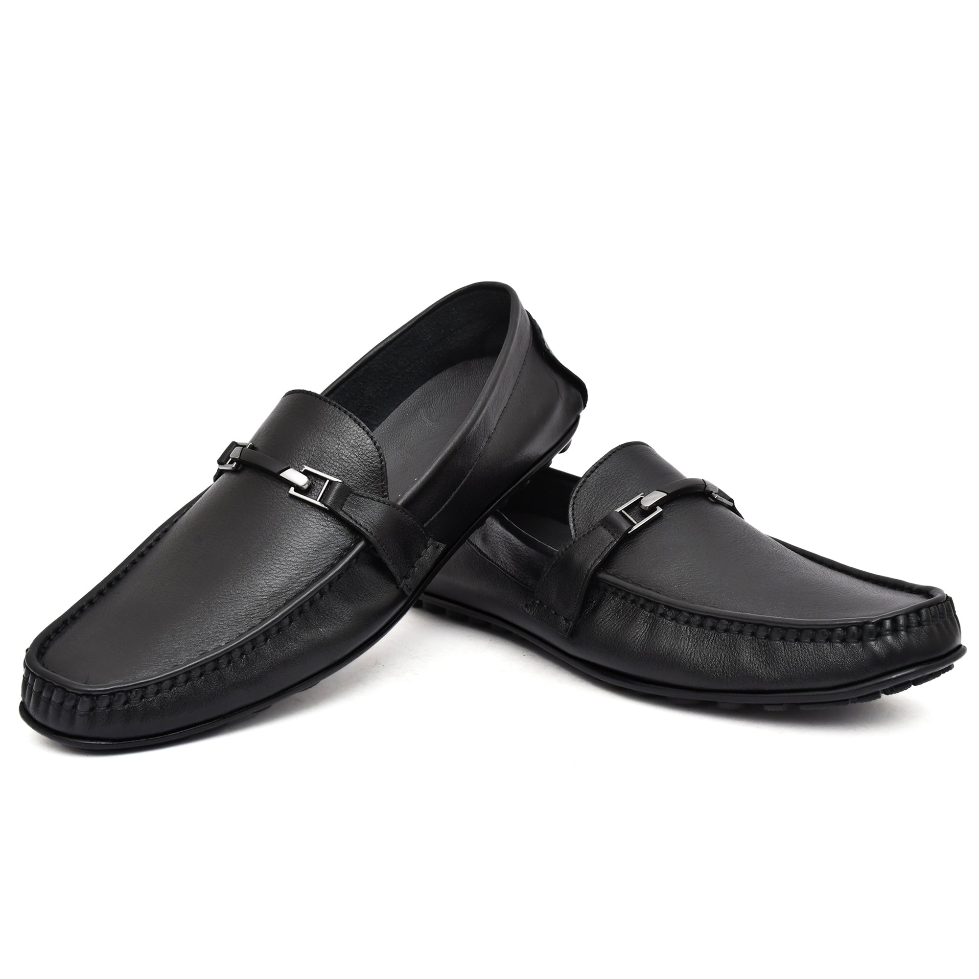 Front view of Country Maddox Buckled Black Leather Loafers showcasing sleek design and shiny finish Front view of Country Maddox Buckled Black Leather Loafers showcasing sleek design and shiny finish