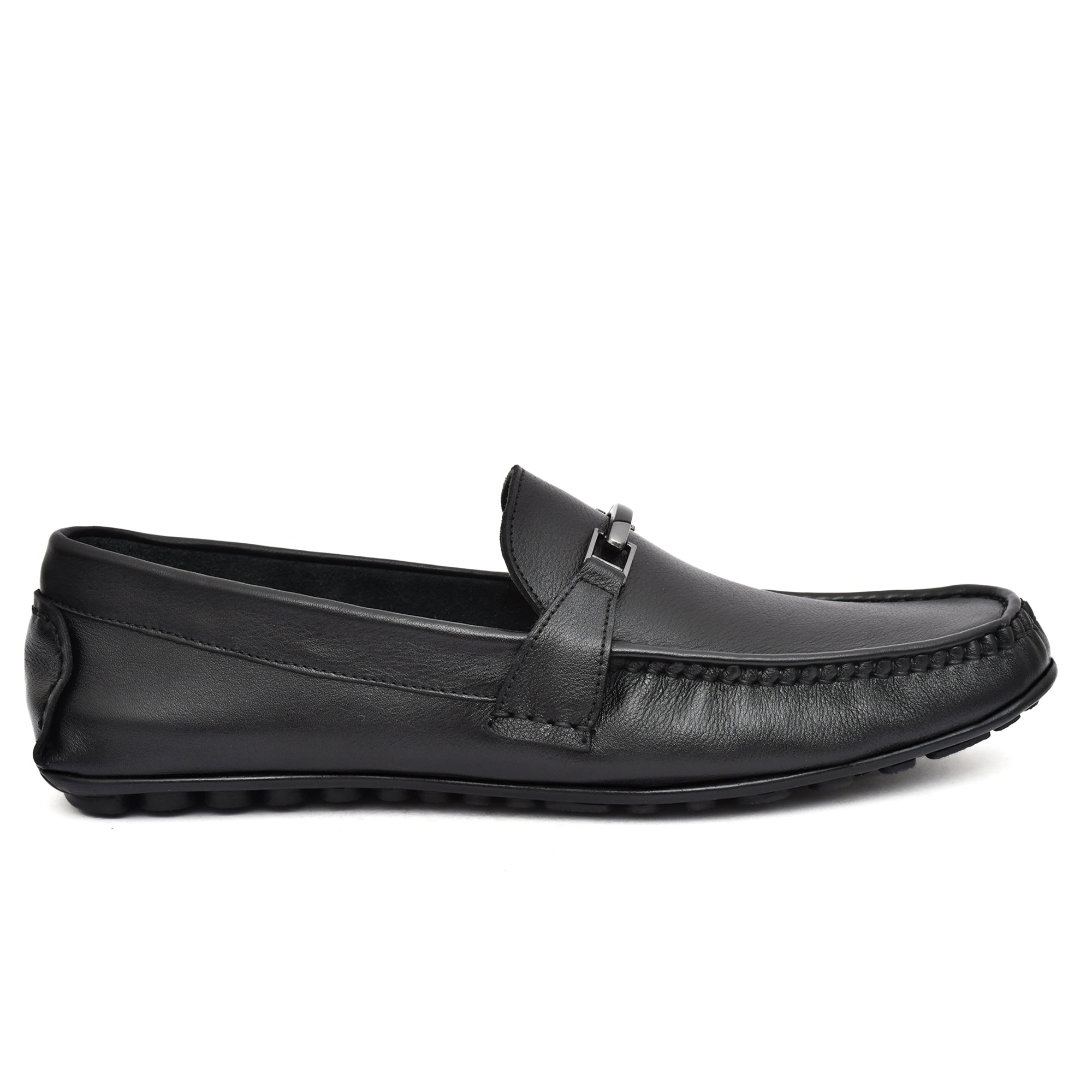 Side profile of Black/Silver Buckled Leather Loafers highlighting the flexible sole and comfortable fit. Side profile of Black/Silver Buckled Leather Loafers highlighting the flexible sole and comfortable fit.