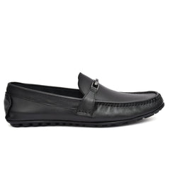 Side profile of Black/Silver Buckled Leather Loafers highlighting the flexible sole and comfortable fit. Side profile of Black/Silver Buckled Leather Loafers highlighting the flexible sole and comfortable fit.