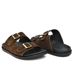 Casual brown leather slippers providing a cozy fit for men. Casual brown leather slippers providing a cozy fit for men.