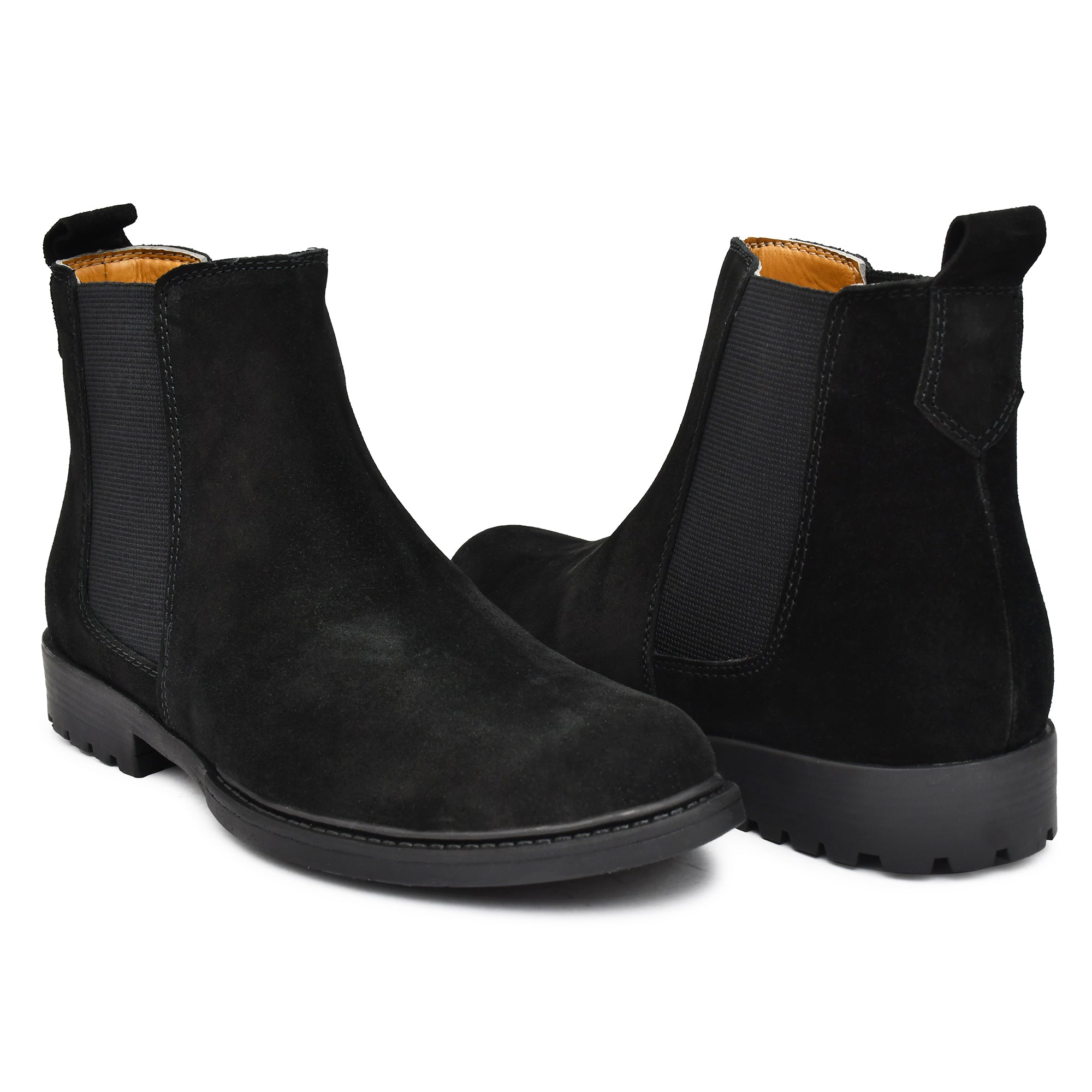 Men's black sued leather boots featuring a sleek design. Men's black sued leather boots featuring a sleek design.