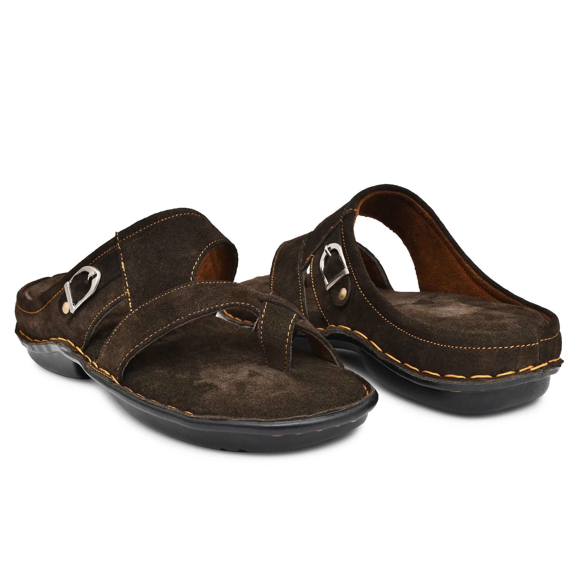 Comfort-focused men’s leather slippers in a sleek brown style Comfort-focused men’s leather slippers in a sleek brown style