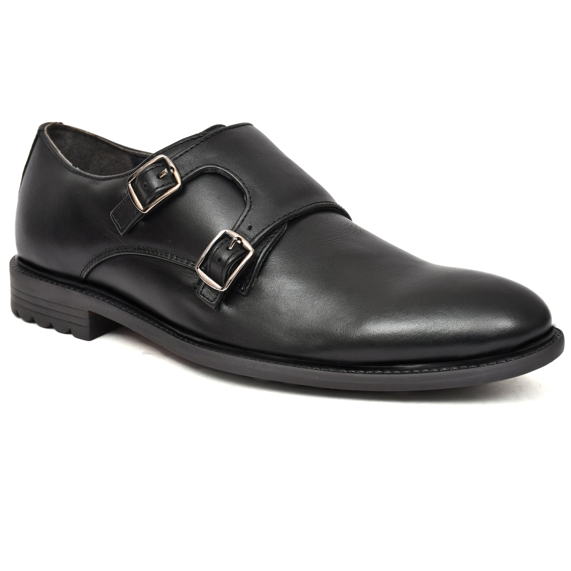 Sleek black leather monk shoes with refined metal buckles by Country Maddox. Sleek black leather monk shoes with refined metal buckles by Country Maddox.
