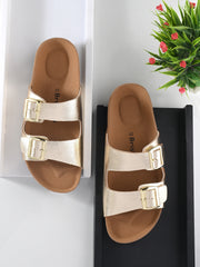 Country Maddox gold double-strap women's sliders for festive styling