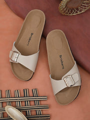 Women Beige Open Toe Flats with Buckles