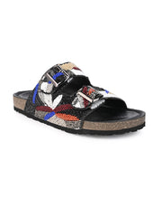 A pair of Black Hand Embroided sliders