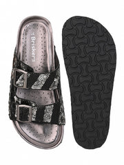 A pair of Balck/Silver Hand Embroided sliders