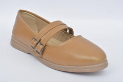 Women's tan double strap Mary Jane flat, front angle