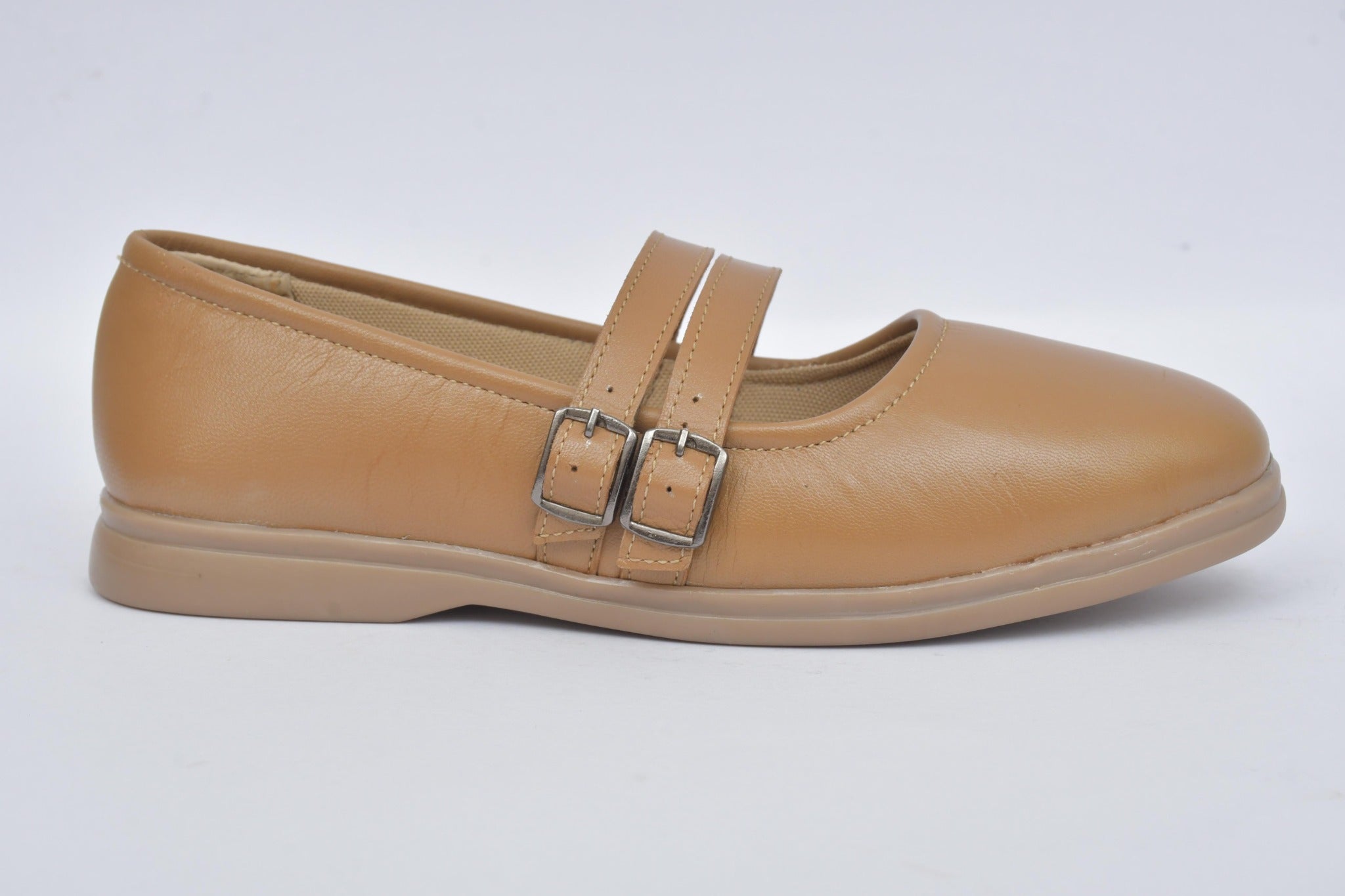 Women's tan double buckle Mary Jane flat, outer side view