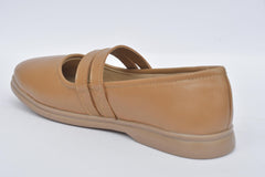 Women's tan Mary Jane flat, rear side view