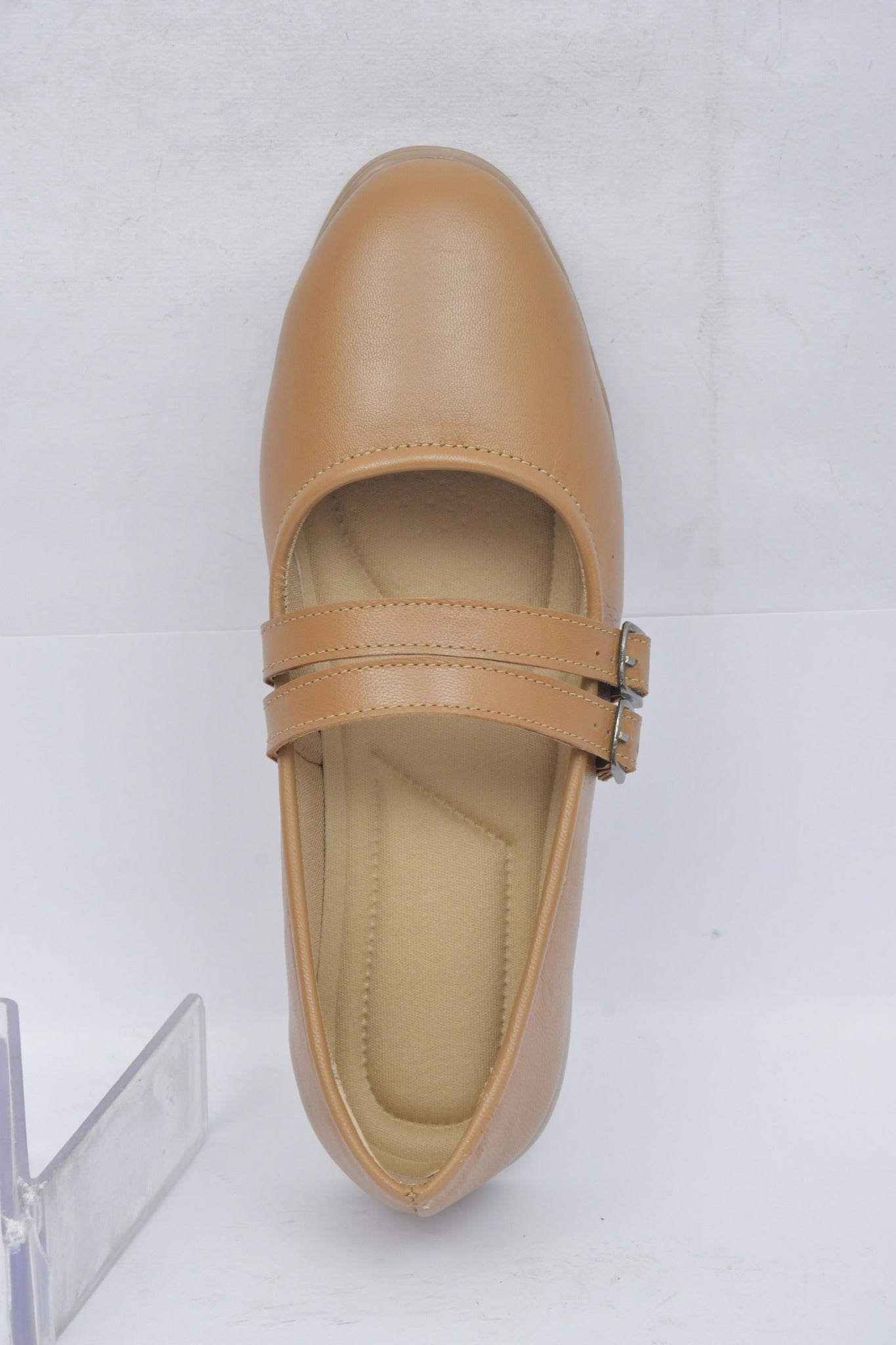 Women's tan double buckle Mary Jane flat, top view