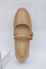 Women's tan double buckle Mary Jane flat, top view