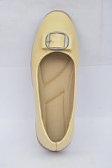 Women's off white buckle detail flat, top view