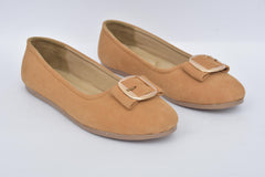 Women's camel buckle detail ballerina flats, pair front angle
