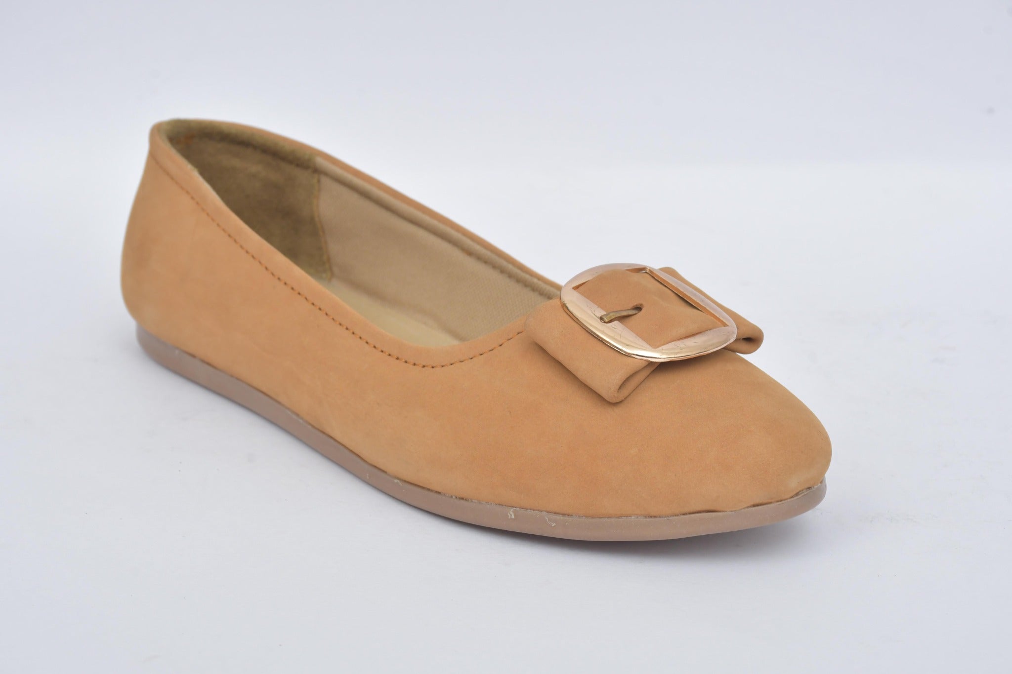 Women's camel buckle detail ballerina flats, single shoe front angle