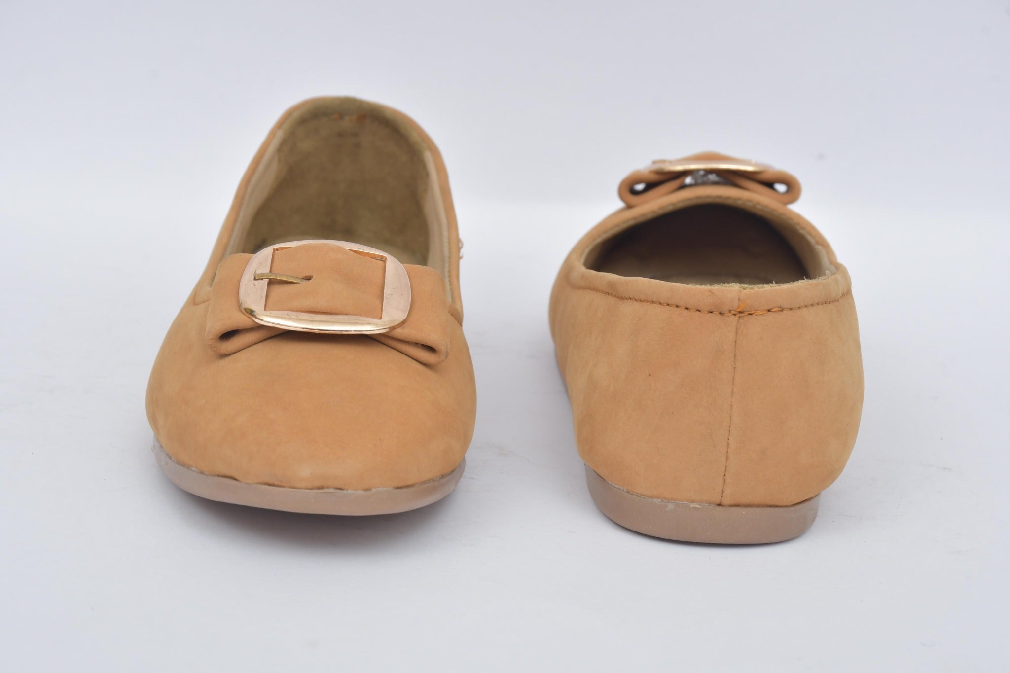 Women's camel buckle detail ballerina flats, front and rear views