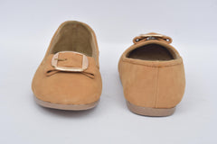 Women's camel buckle detail ballerina flats, front and rear views
