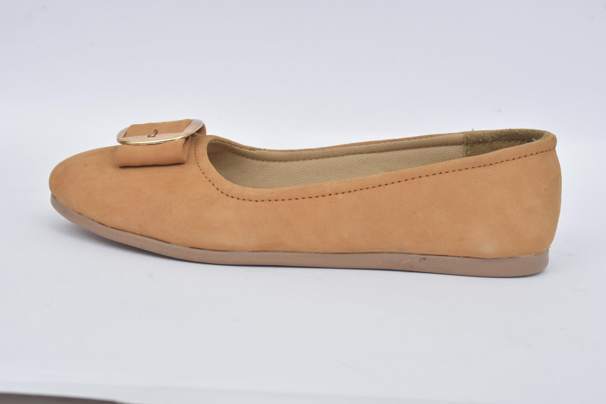 Women's camel buckle detail ballerina flats, side view