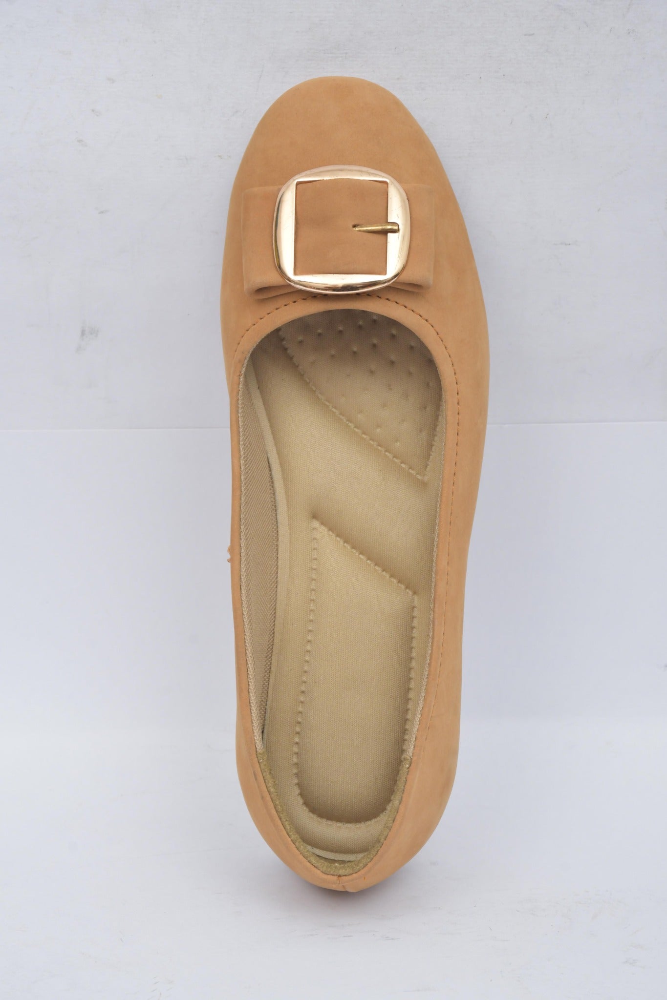 Women's camel buckle detail ballerina flats, top view