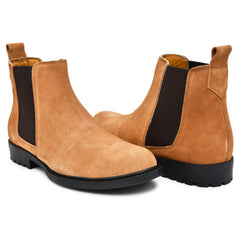 Elegant Cheeku Tan Suede Leather Boots with a sleek silhouette.
