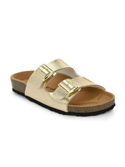 Women Gold Double Strap Sliders