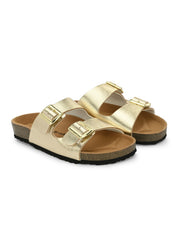 Women Gold Double Strap Sliders