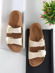 Women Gold Double Strap Sliders