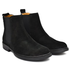 Stylish black sued leather boots from Country Maddox on display.