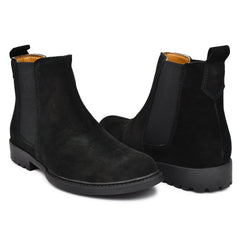 Men's black sued leather boots featuring a sleek design.