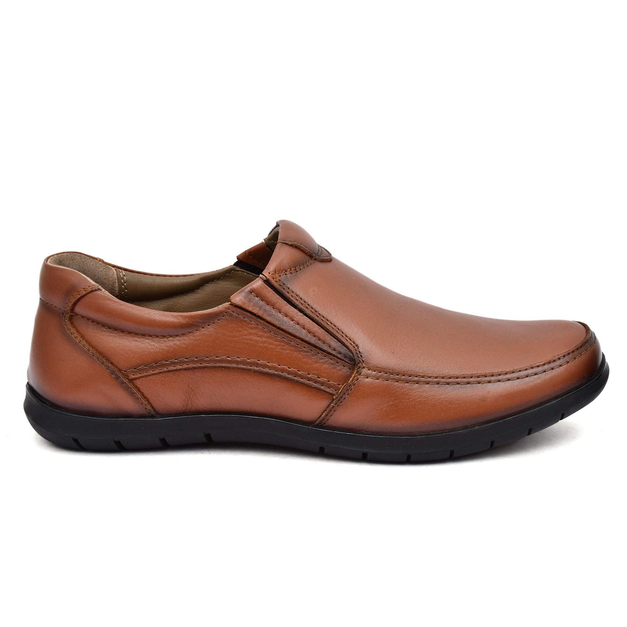 Side profile of tan casual slip-on shoes for men.