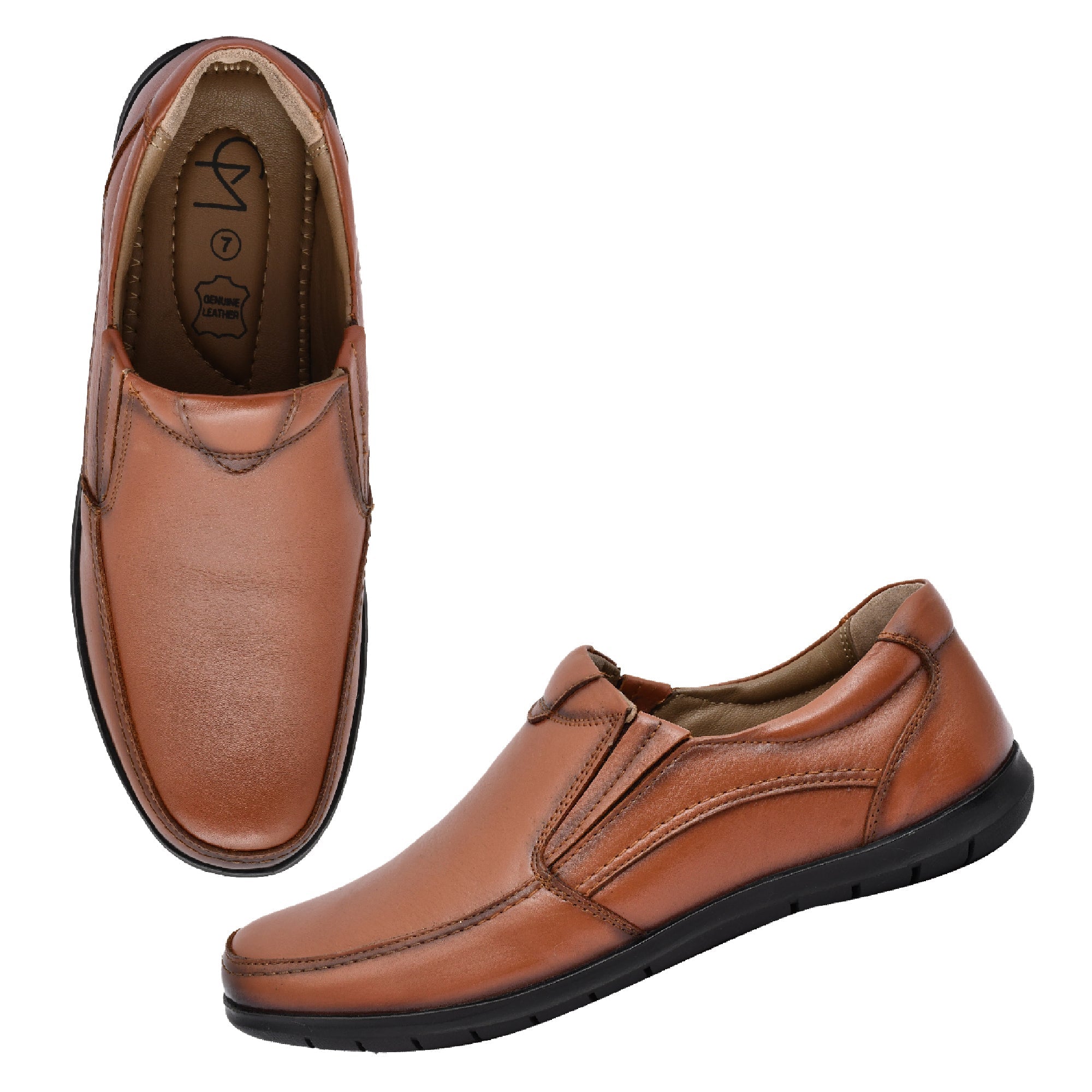 Top view of tan slip-on shoes showcasing the insole design.