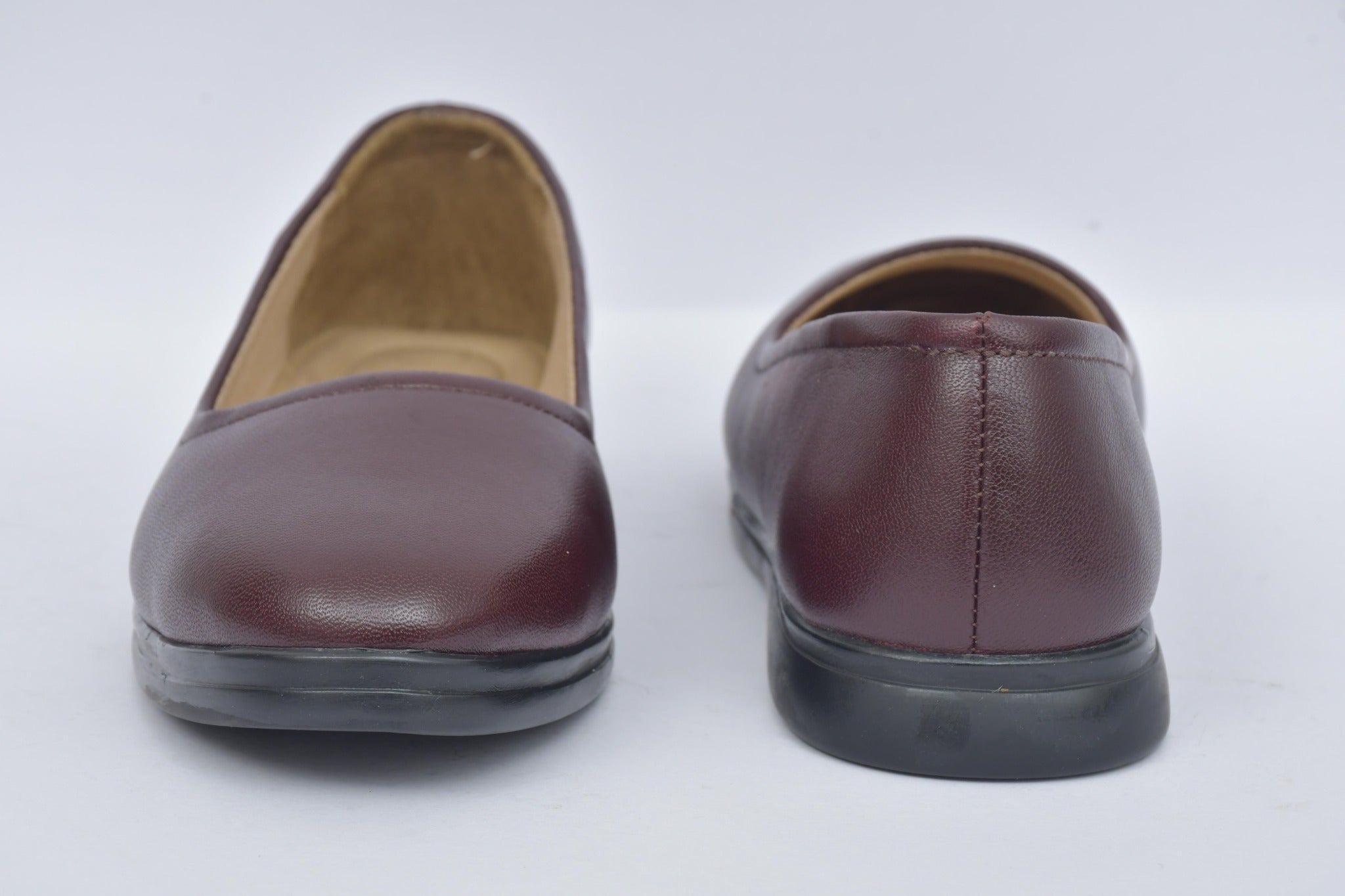 Women's burgundy plain toe ballerina flats BL 07, front and rear view