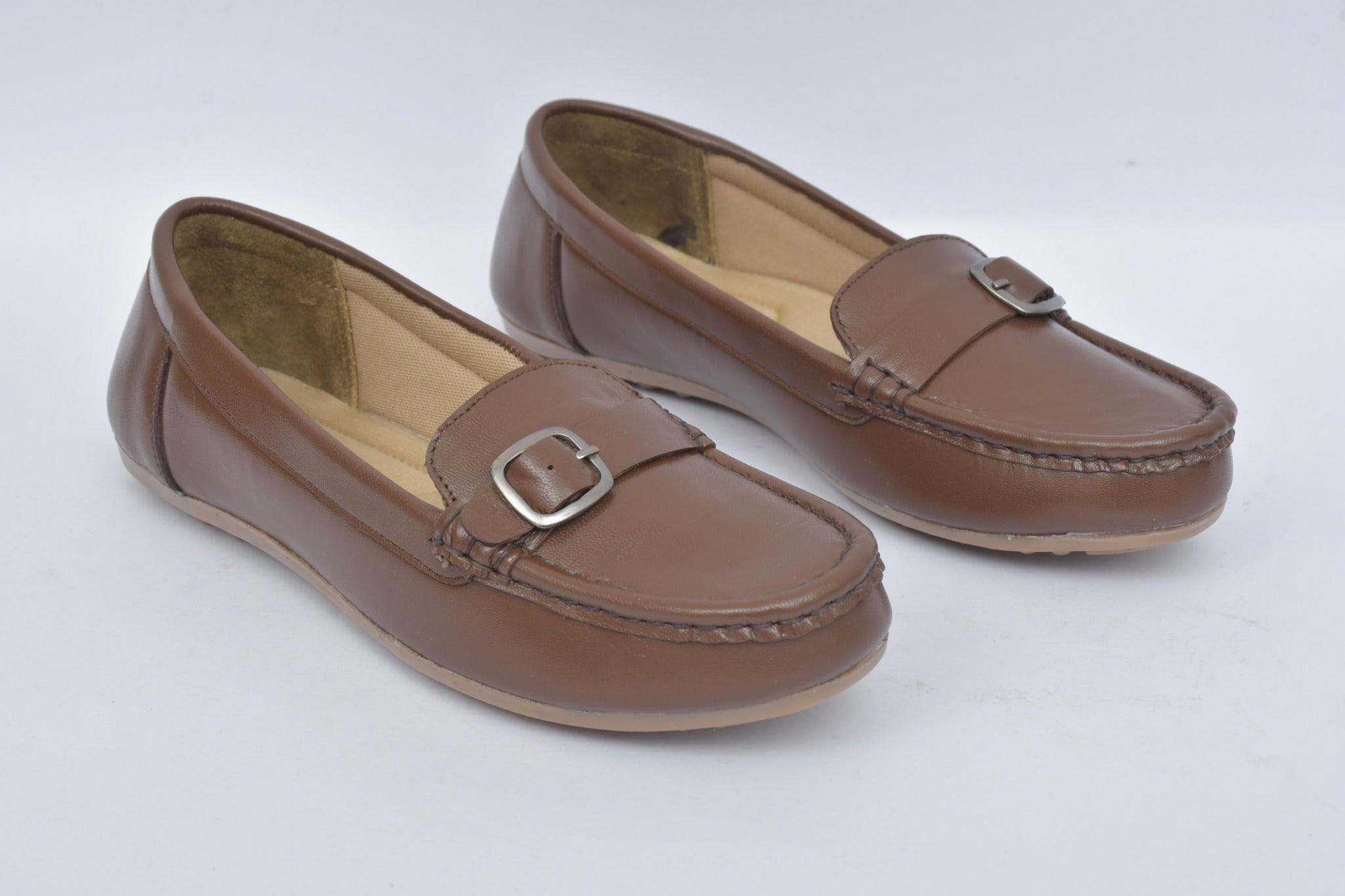 Women's brown buckle detail loafers LF 07, pair angled view