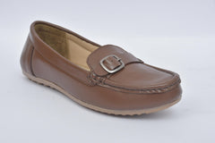 Women's brown buckle detail loafers LF 07, single shoe front angle