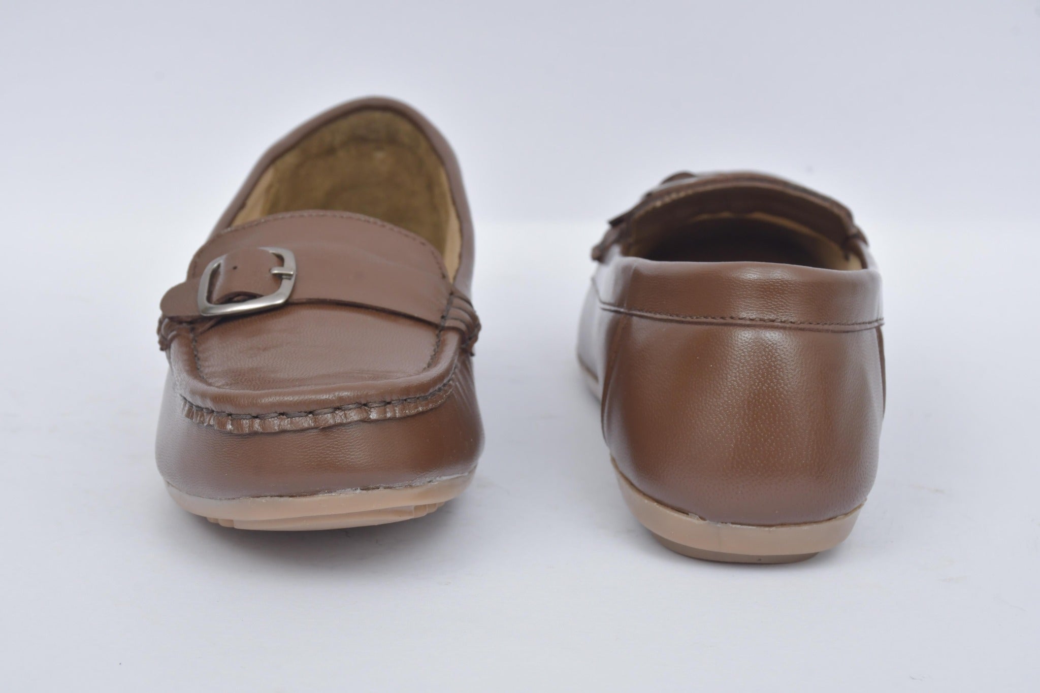 Women's brown buckle detail loafers LF 07, front and rear view